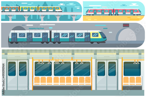 High speed transport leaving tunnel to metro. Public transport, train for transporting metro passengers. Train of subway with automatic doors. Modern tramway at underground station platform