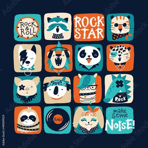 Rock star. Retro Poster with vector collection of rock animals and graffiti lettering for kids. Hand drawn cartoon musicians in funny doodle style. For prints on baby clothes, posters, punk parties. © Світлана Харчук