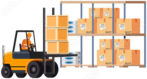 Forklift truck with pallet and boxes. Man works with delivery of goods, transportation in production. Employee drives freight vehicle to lift load. Driver working on forklift truck delivery