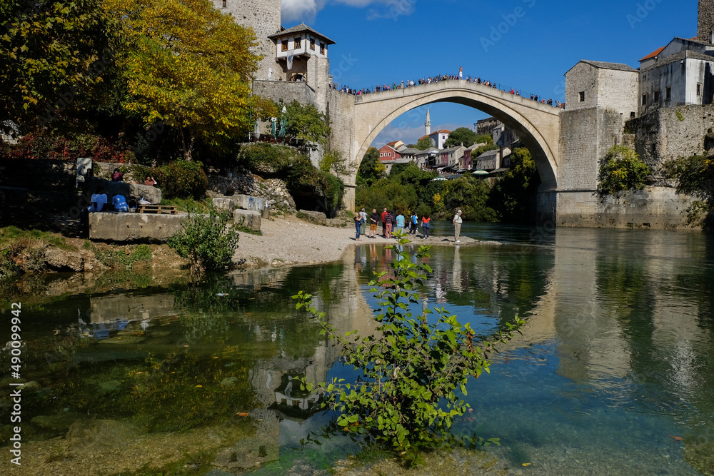 Historical Stari Most bridge over Neretva river in Mostar Old town, Balkan mountains, Bosnia and Herzegovina

