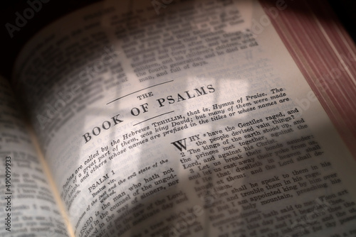The Bible opened to the Book of Psalms lit through a church window photo