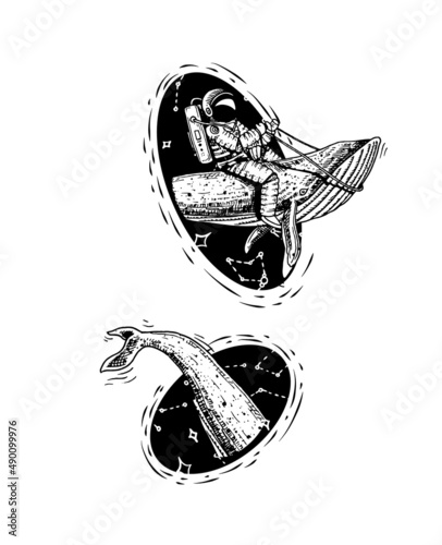 Blue whale and planets in solar system. Astronomical galaxy space. Explore adventure. Engraved hand drawn in old sketch. 