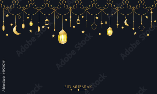 Eid mubarak simple elegant and luxury islamic background with lantern navy gold