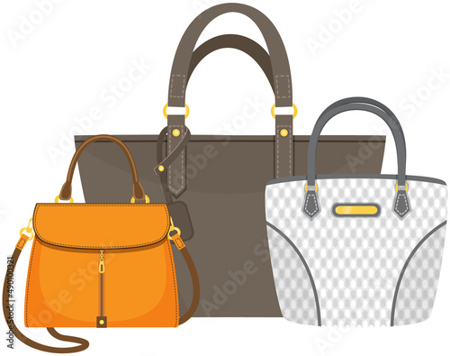 Set of women bag vector poster on multicolored backgrounds. Ladies handbag in flat style. Elegant ladies leather bag, female accessories object, fashion trendy case with handle, advertising template © robu_s