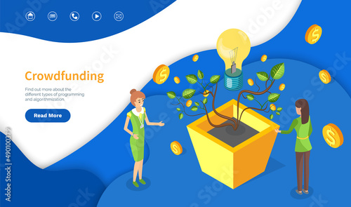 Light bulb with money tree, leaves and coins. Crowdfunding, women growing currency, investment technology. Website or webpage template, landing page flat style. Creation of new business ideas concept