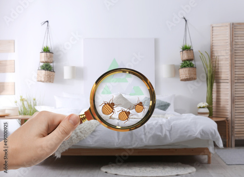 Fotobehang Woman with magnifying glass detecting bed bugs in bedroom, closeup