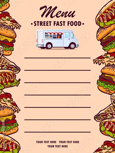 Menus for street fast food.On the edges of the menu illustrations of fast food.Appetizing look