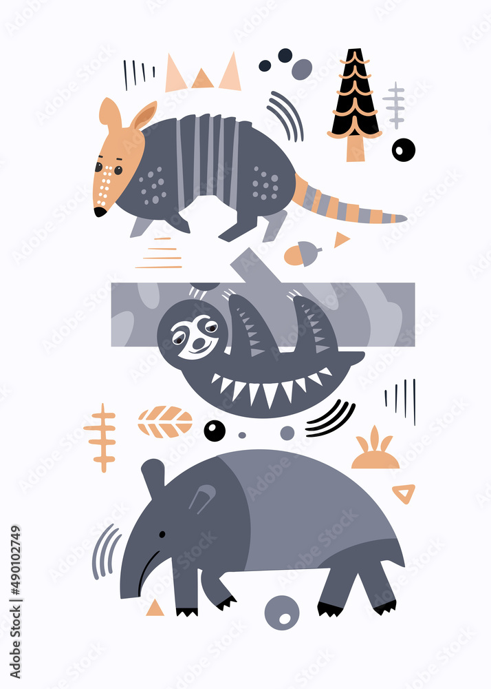 Fototapeta Set of cute animals and plants of America. Decorative handmade poster for print. Isolated icons in scandinavian style. Vector illustration.