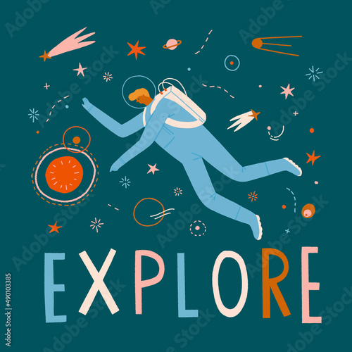 Explore the universe Inspirational illustration in vector. Kids school space poster. Vector illustration