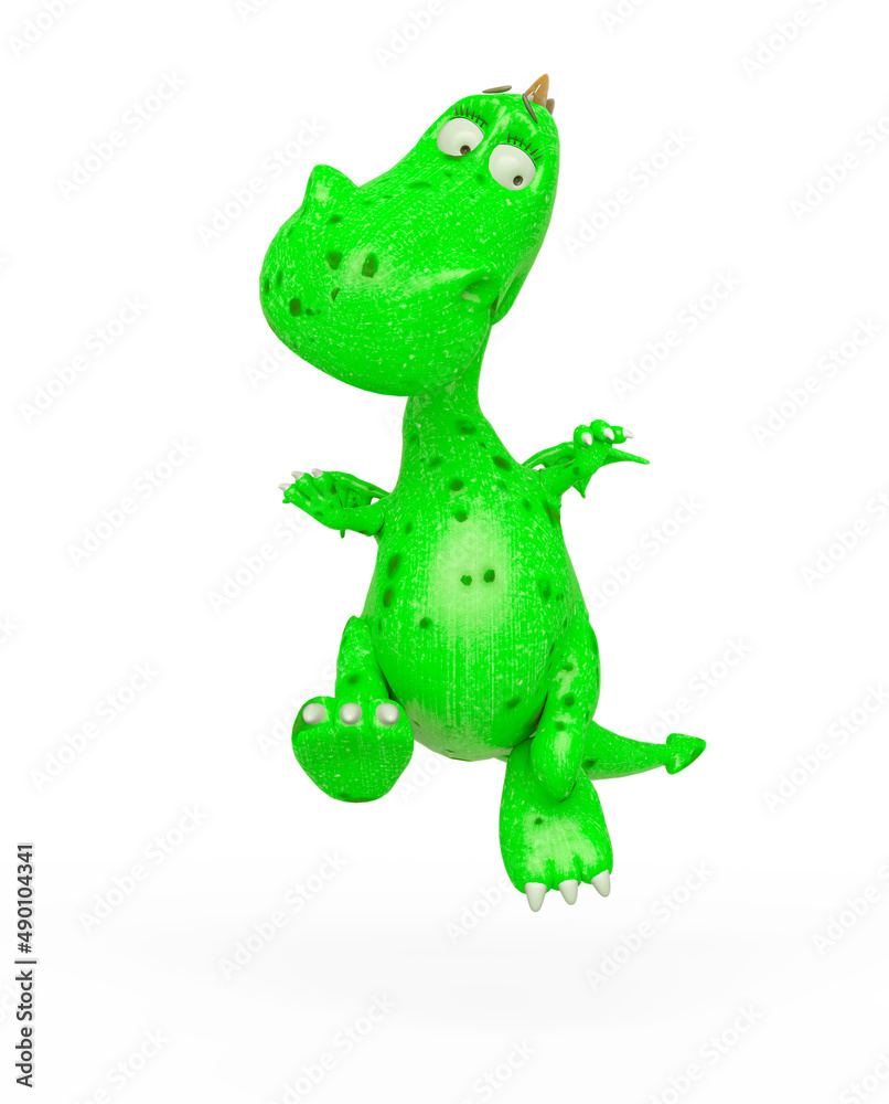 Fototapeta premium baby dragon is jumping and looking down because he is afraid on white background