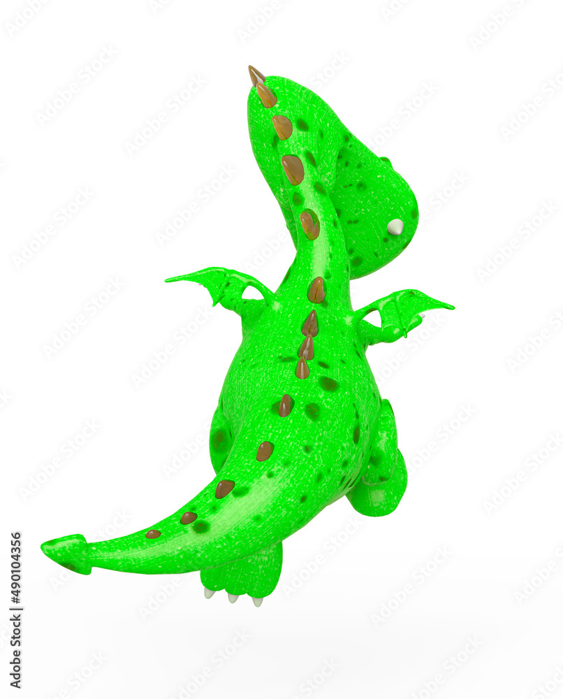 Fototapeta premium baby dragon is jumping and looking down on white background rear view