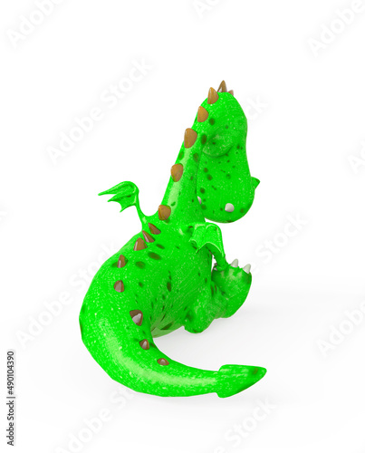 baby dragon is sitting and sad on white background hear view