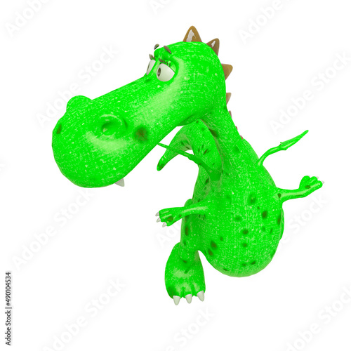baby dragon is flying and looking back on white background front view