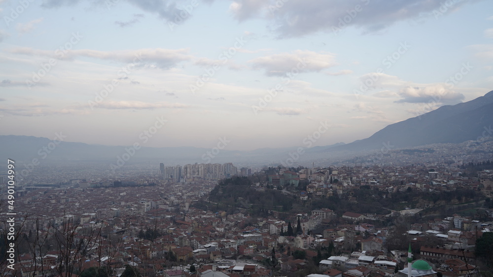 Aerial View of the Bursa City and Foggy Background