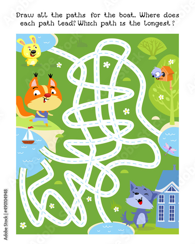 Maze game, activity for kids. Draw all paths for boat. Where does each path lead. Which path is the longest. Vector illustration.