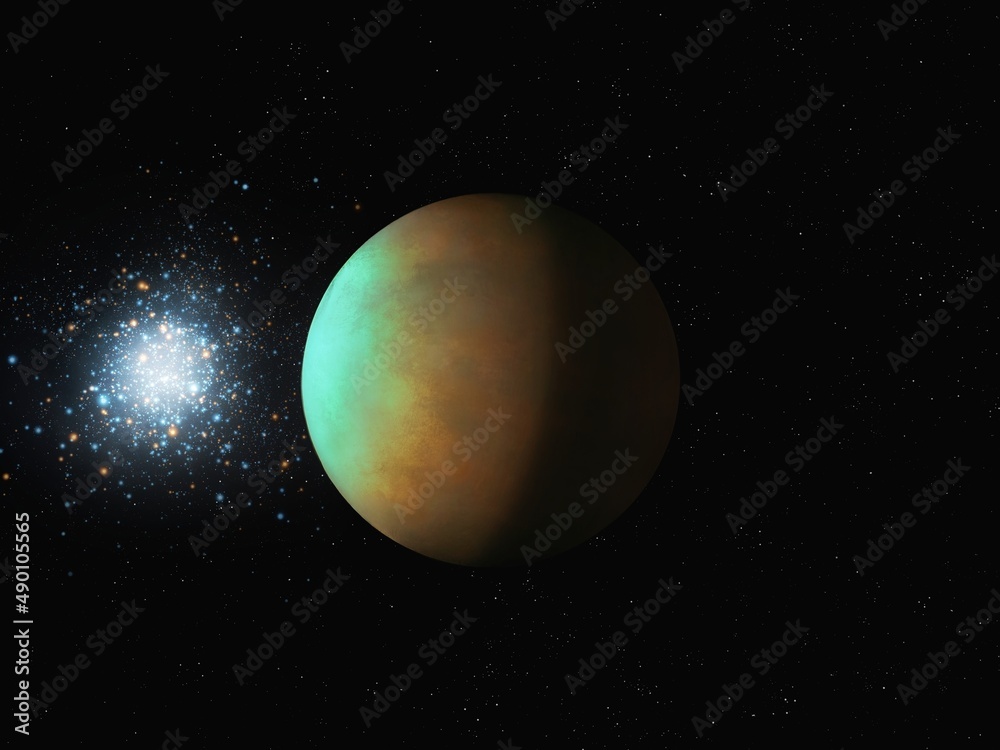Flight to a distant exoplanet. Strange alien world in outer space. planetary science. Flight to a distant exoplanet. Strange alien world in outer space. planetary science.