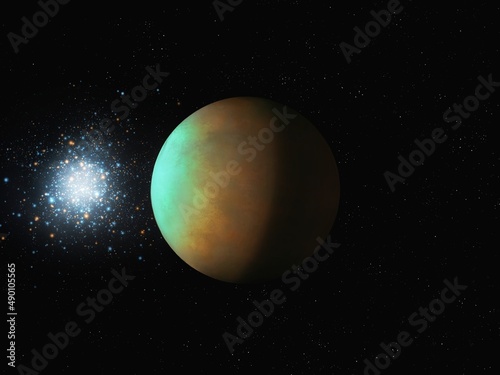 Flight to a distant exoplanet. Strange alien world in outer space. planetary science.  © Nazarii