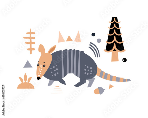 Cute decorative armadillo. Animals of Central and South America. Scandinavian hand drawn vector illustration. Minimalistic geometric icon. Baby print for nursery.