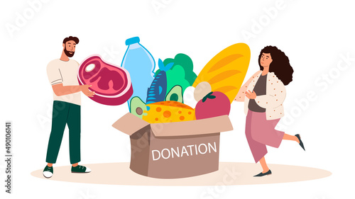 People donating Meal,Products,products,food. Charity, support and donation concept. Humanitarian charitable help.Philanthropy, charitable foundation.Flat vector illustrations isolated white background photo