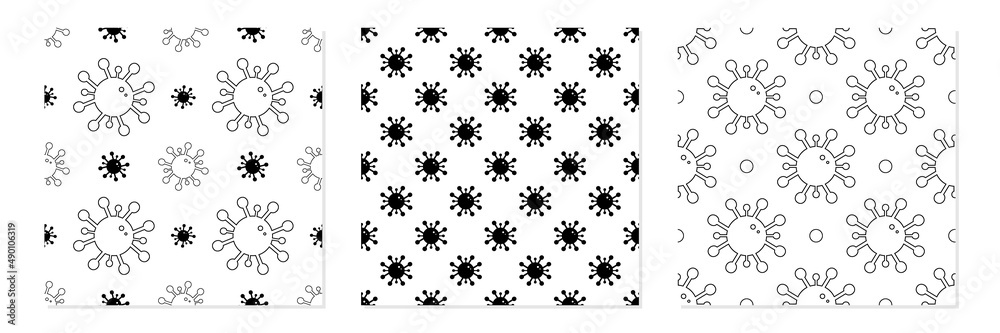 Set, collection of three vector seamless pattern backgrounds with black and white virus, coronavirus icons for covid-19 related design.