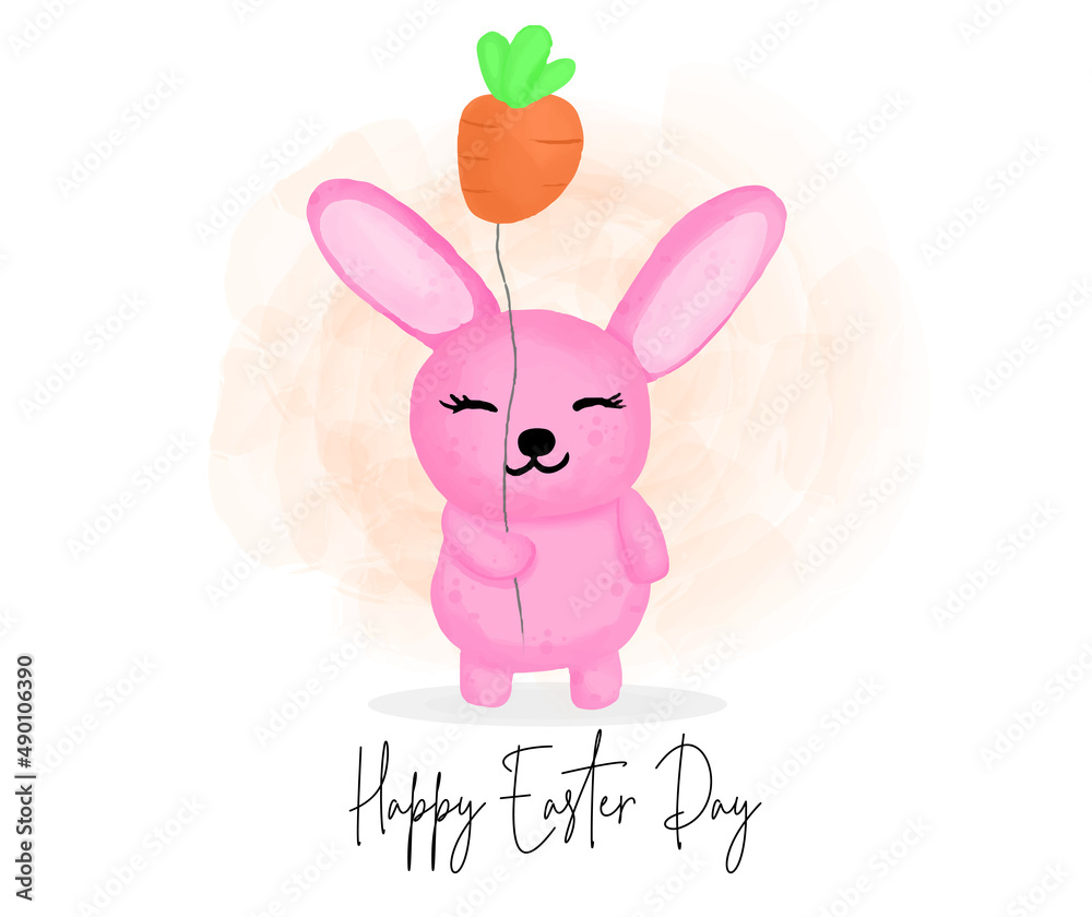 Happy easter day with cute rabbit holding a carrot balloon cartoon character Happy easter day with cute rabbit holding a carrot balloon cartoon character
