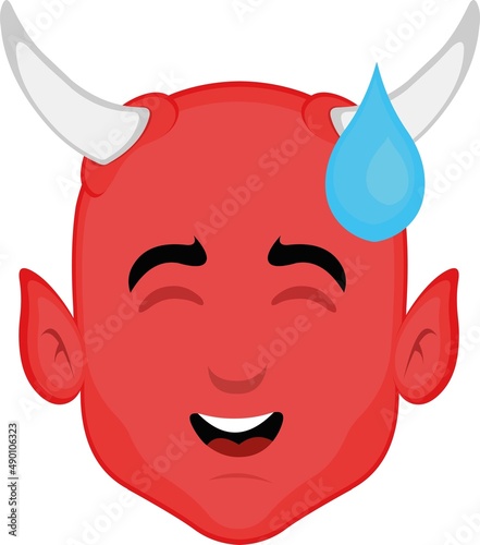 Vector illustration of the face of a cartoon devil with an embarrassed expression and a drop of perspiration falling from his head