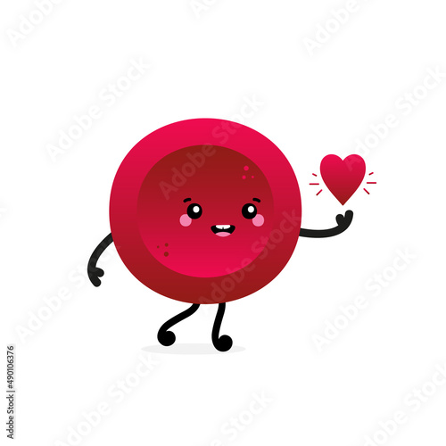 Cute red blood cell, erythrocyte character holding in hand red heart.
