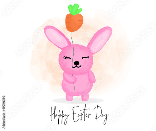 Happy easter day with cute rabbit holding a carrot balloon cartoon character © dpalabistudio