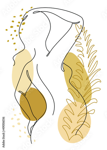 Silhouettes of the figure of a girl and a leaf of a plant in a modern one-line style. The woman is pregnant. Solid line, aesthetic outline for decor, posters, stickers, logo. Vector illustration.