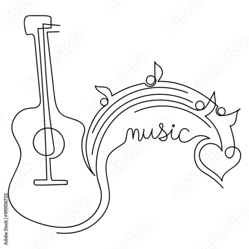 Continuous drawing one line. Hand drawn music concept. Poster music concert, festival.