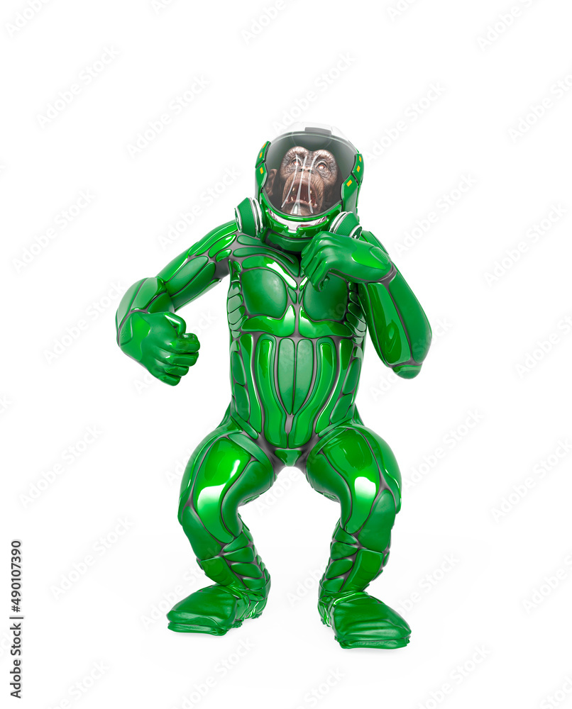 chimpanzee astronaut is doing a dominant pose in white background chimpanzee astronaut is doing a dominant pose in white background