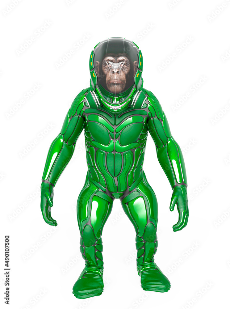 chimpanzee astronaut is standing up in white background chimpanzee astronaut is standing up in white background