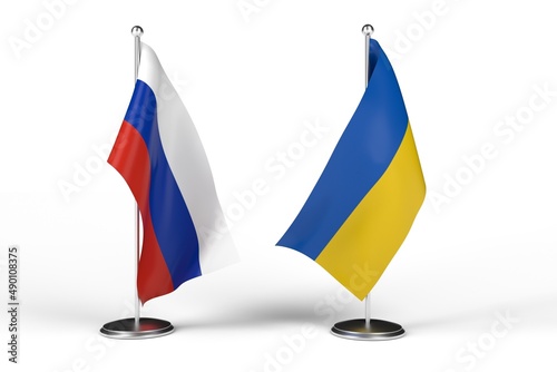 Two flags Russia and Ukraine. Conflict, peace negotiations. 3d rendering illustration.