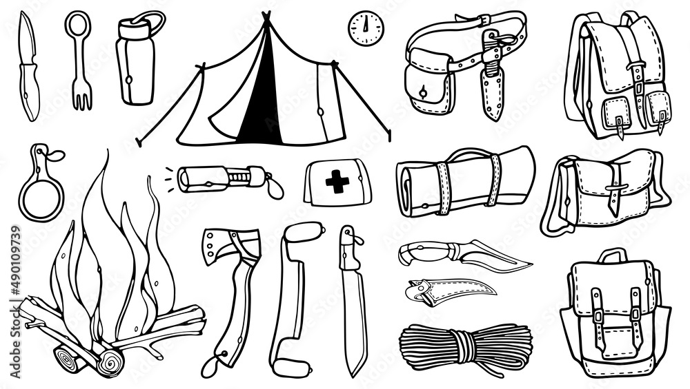 Survival Gear Kit Vector illustration. Bushcraft Outdoor Adventure Prepper Survival  Equipment. Set of Hiking and Camping items in outline doodle style. Stock  Vector
