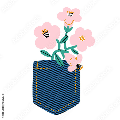 Denim pocket with flowers, vector illustration