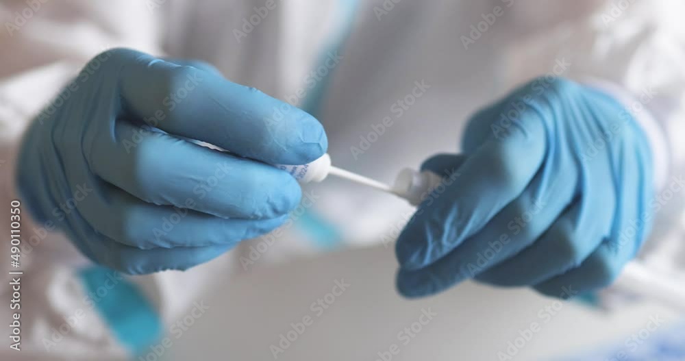 Process of coronavirus PCR antigen testing examination by nurse medic in laboratory lab, COVID-19 swab collection kit, test tube for taking OP NP patient specimen sample, patient receiving test, 4K 
