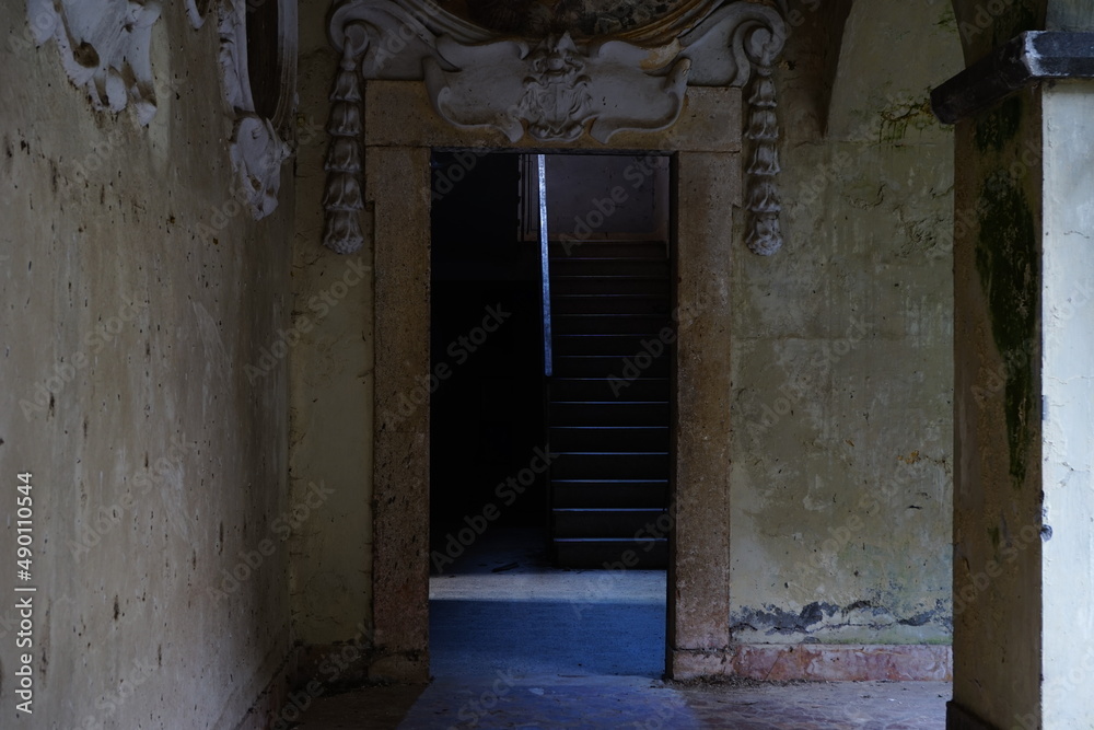 Abandoned building entrace and stairs view