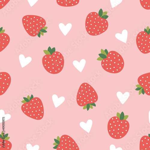 Cute pink strawberry and love hearts seamless vector pattern, background, wallpaper, for gift wrap, fabric, Valentines Day