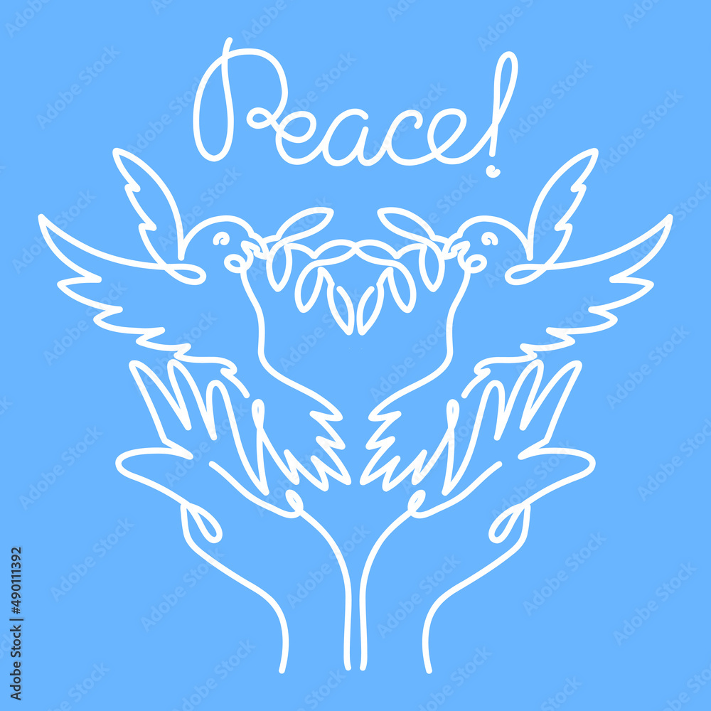 Peace. Composition of a pair of doves with olive branches in their beaks flying from human hands. White linear drawing on a blue background with the lettering peace. Peace. Composition of a pair of doves with olive branches in their beaks flying from human hands. White linear drawing on a blue background with the lettering peace.