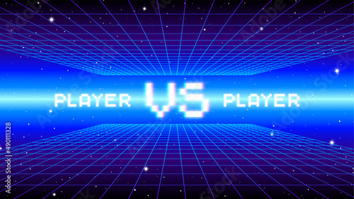 Versus sign with arcade game style with pixel letters over synthwave landscape. 80s styled VS emblem for competition poster.