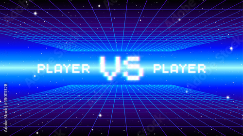 Versus sign with arcade game style with pixel letters over synthwave landscape. 80s styled VS emblem for competition poster.