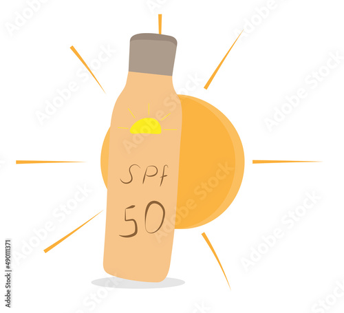 Orange bottle with spf cream on sun background. Vector.