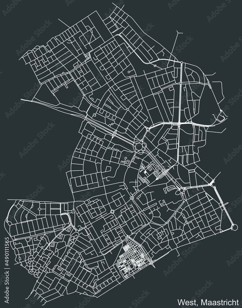 Detailed negative navigation white lines urban street roads map of the WEST DISTRICT of the Dutch regional capital city Maastricht, Netherlands on dark gray background