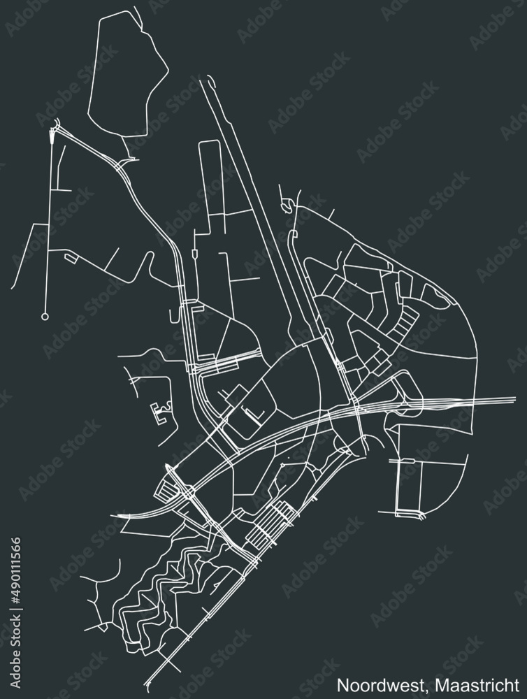 Detailed negative navigation white lines urban street roads map of the NOORDWEST DISTRICT of the Dutch regional capital city Maastricht, Netherlands on dark gray background