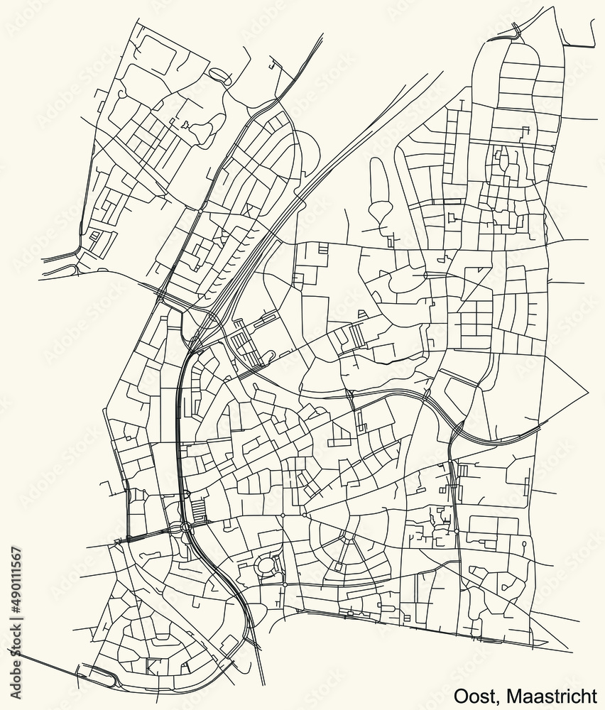 Detailed navigation black lines urban street roads map of the  OOST DISTRICT of the Dutch regional capital city Maastricht, Netherlands on vintage beige background