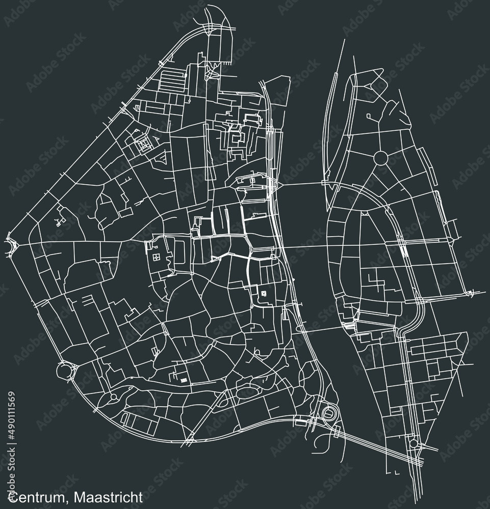 Detailed negative navigation white lines urban street roads map of the CENTRUM DISTRICT of the Dutch regional capital city Maastricht, Netherlands on dark gray background