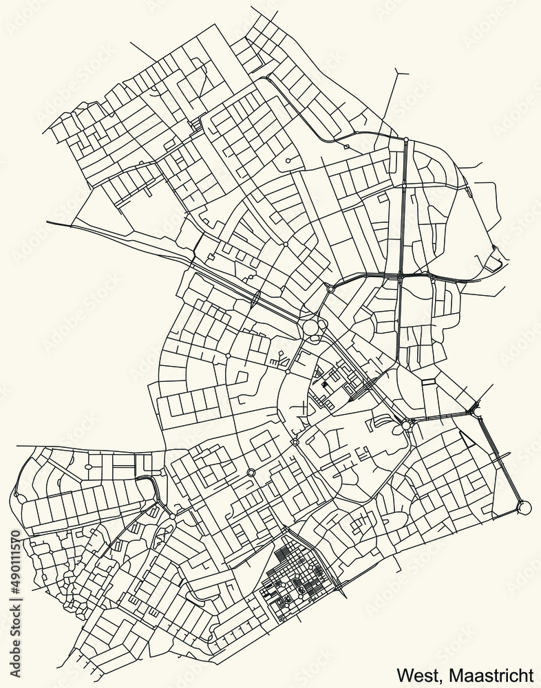 Detailed navigation black lines urban street roads map of the WEST DISTRICT of the Dutch regional capital city Maastricht, Netherlands on vintage beige background