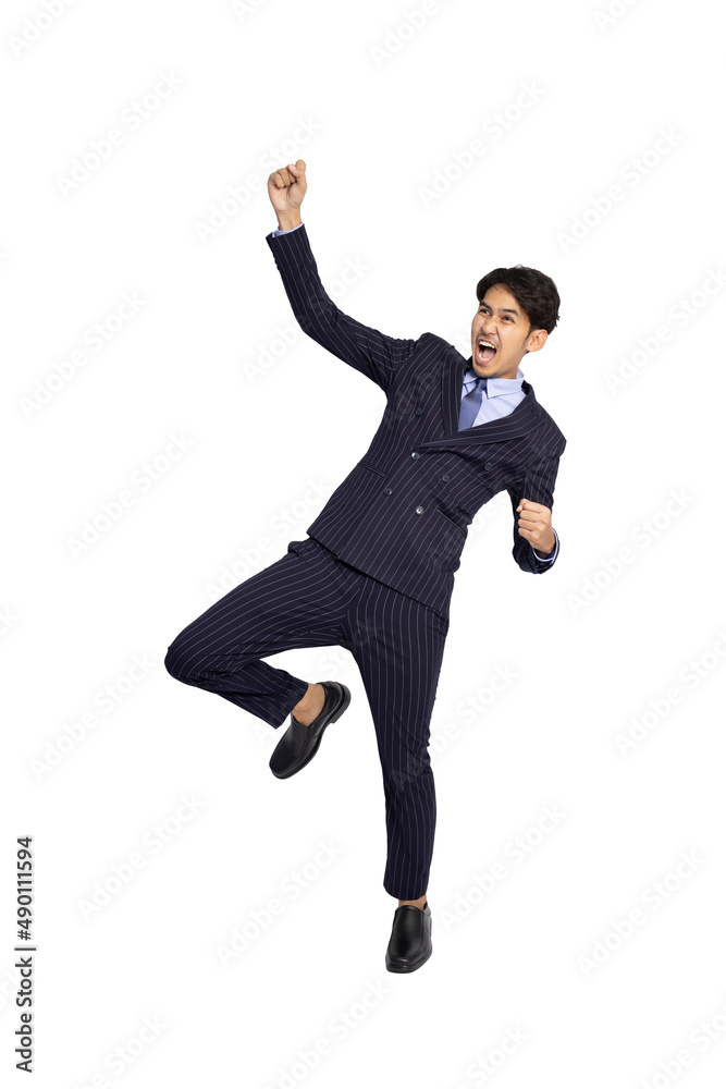 Asian businessman hands up raised arms isolated on white background, Excited winner or success concept