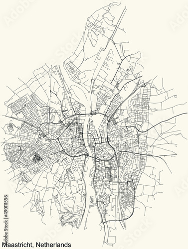 Detailed navigation black lines urban street roads map of the Dutch regional capital city of MAASTRICHT, NETHERLANDS on vintage beige background