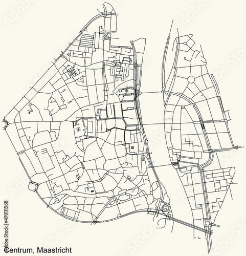 Detailed navigation black lines urban street roads map of the CENTRUM DISTRICT of the Dutch regional capital city Maastricht, Netherlands on vintage beige background